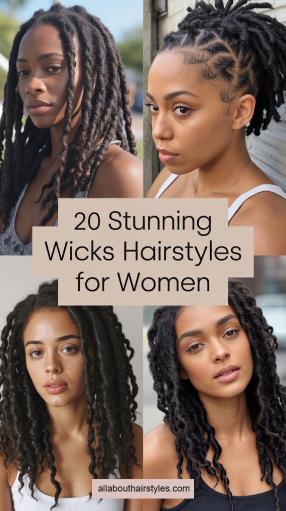 Collage of four women showcasing trendy and stylish wicks hairstyles, with the text "20 Stunning Wicks Hairstyles for Women" in modern sans serif font.