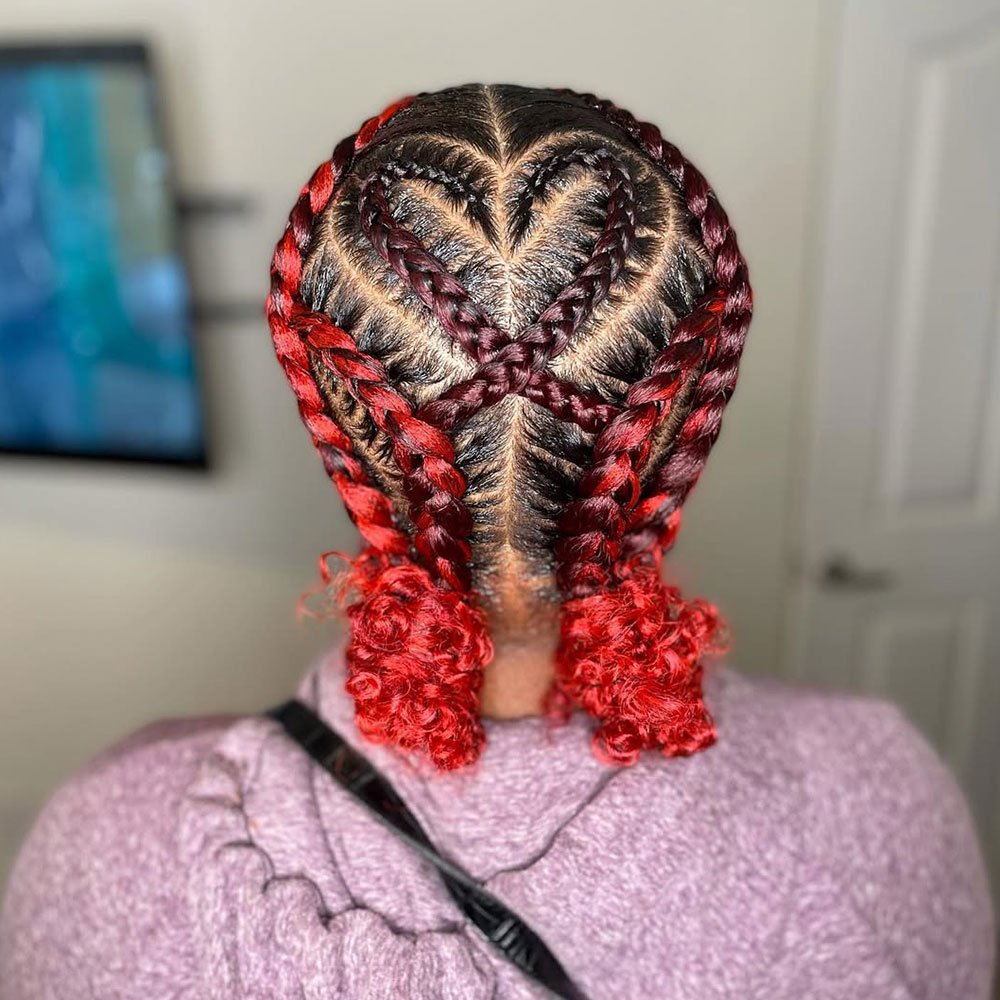 Stitch Heart Braids with Criss cross Sides & Red Curly Buns
