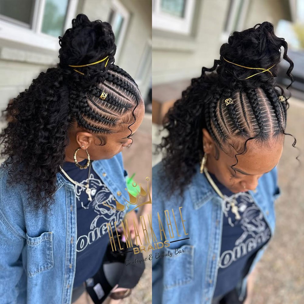 Half Stitch Braids Half Sew-In with Top Knot