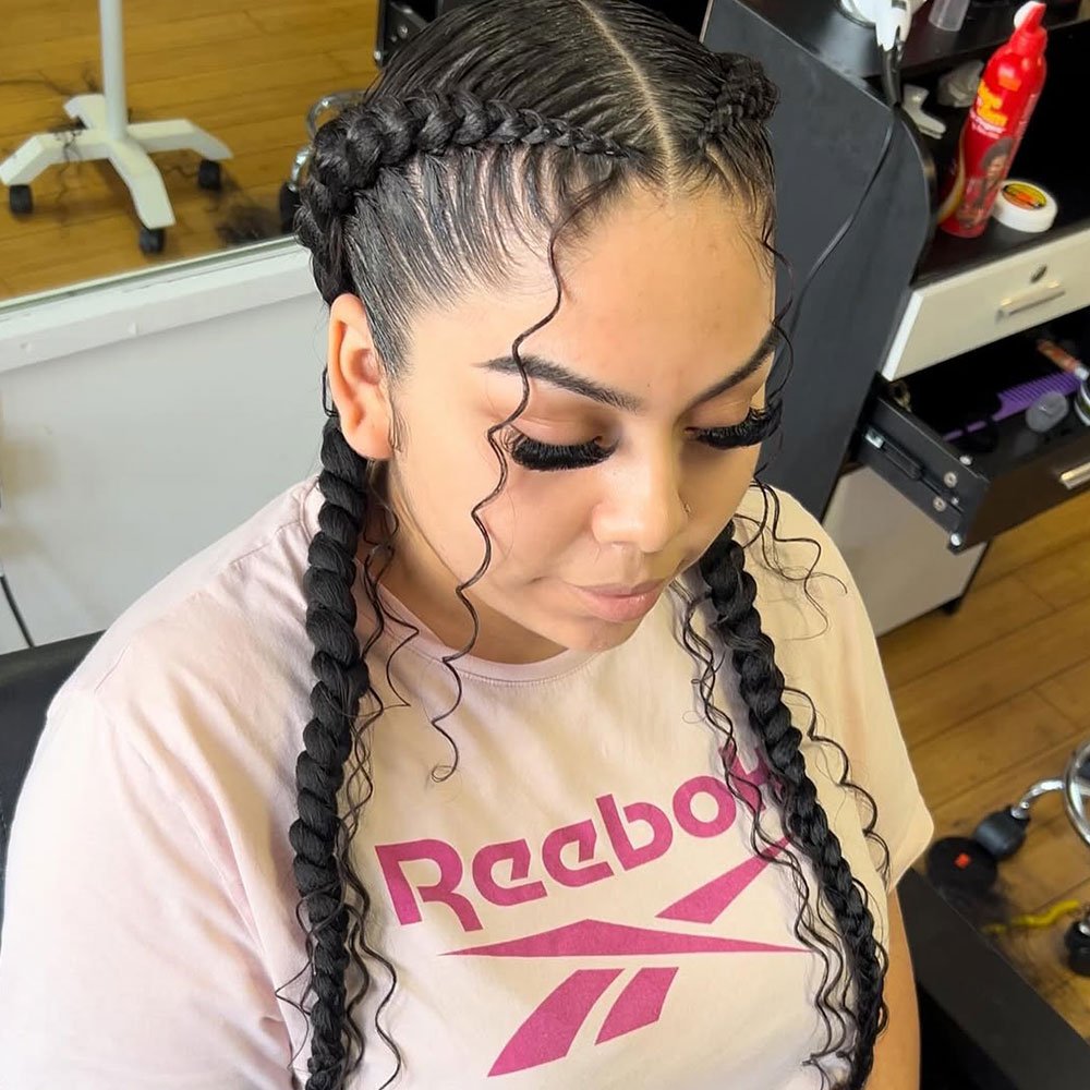 Two Feed-In Braids with Curly Pieces and Curly Ends