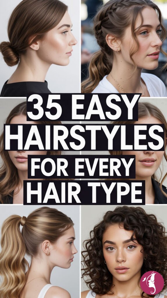 Women with diverse hair types showcasing easy and stylish hairstyles, including braids, buns, ponytails, and waves in a collage format.