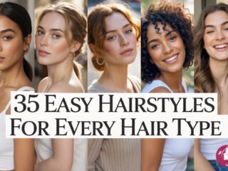 Women with straight, wavy, curly, and coily hair wearing easy hairstyles like buns, braids, ponytails, and loose waves.