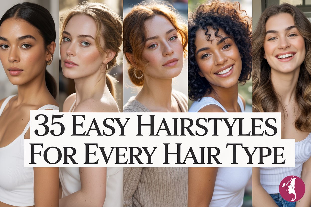 Women with straight, wavy, curly, and coily hair wearing easy hairstyles like buns, braids, ponytails, and loose waves.