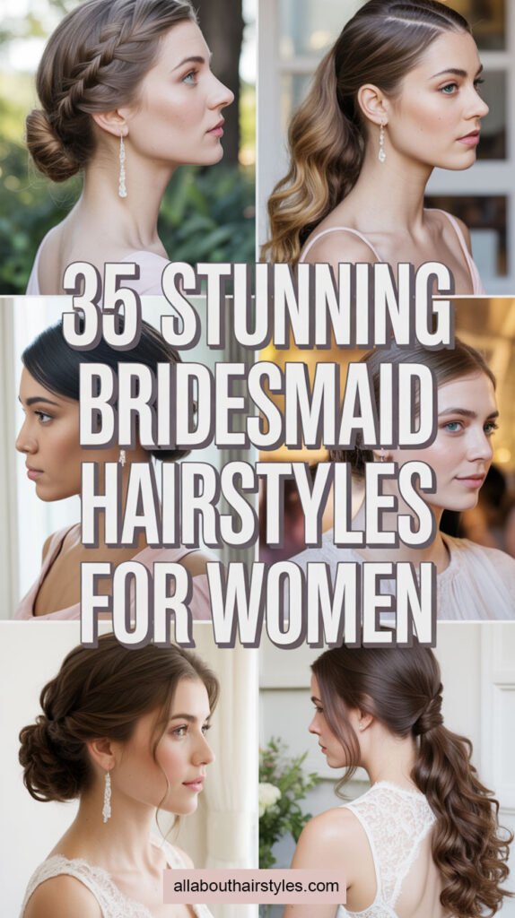 A vertical collage of six elegant bridesmaid hairstyles on women, featuring updos, braids, and sleek ponytails. Bold white sans-serif text reads &ldquo;35 Stunning Bridesmaid Hairstyles for Women&rdquo; across the center.