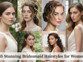 A collage of six women showcasing different elegant bridesmaid hairstyles, including updos, soft waves, braids, and floral accessories. The text 