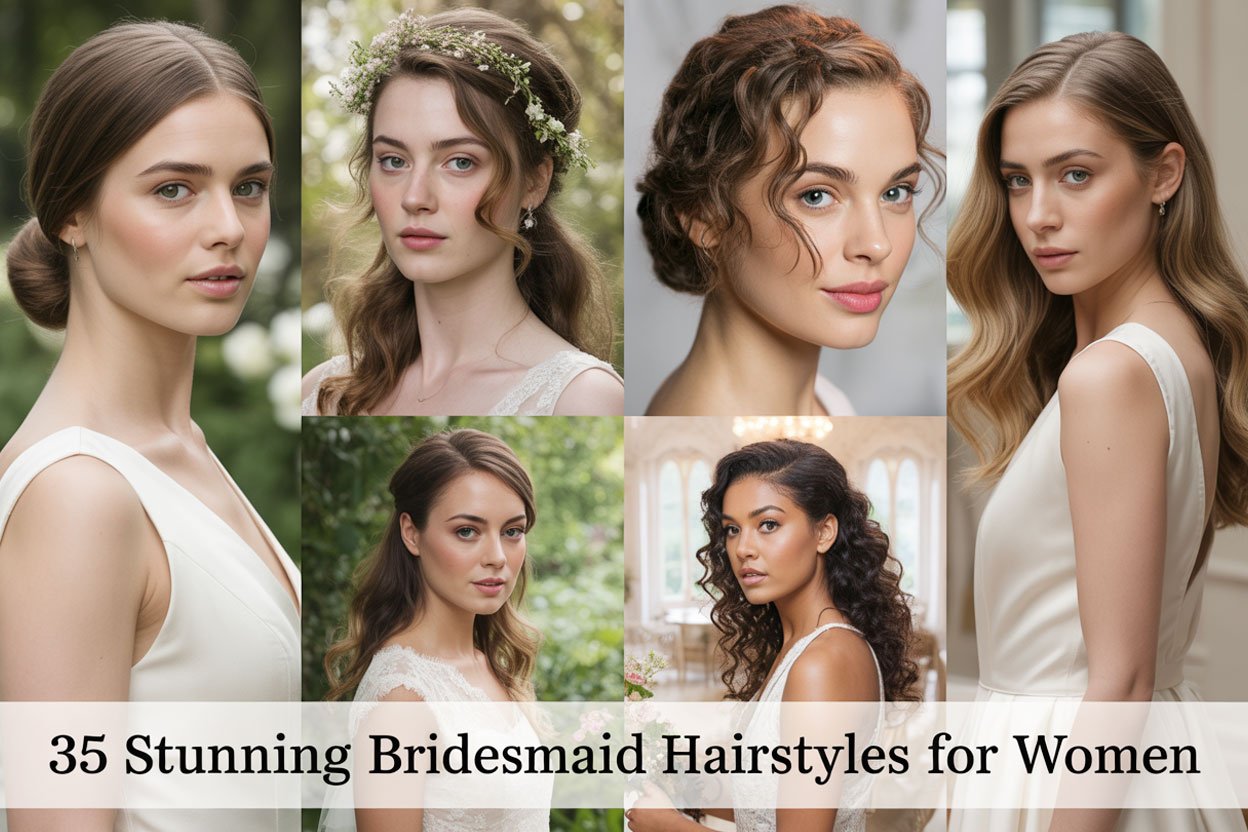 A collage of six women showcasing different elegant bridesmaid hairstyles, including updos, soft waves, braids, and floral accessories. The text "35 Stunning Bridesmaid Hairstyles for Women" appears prominently in a modern sans-serif font across the bottom.