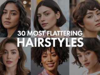 Collage of six diverse women showcasing flattering hairstyles, featuring soft waves, sleek bobs, curls, and layered cuts. Bold title overlay reads 