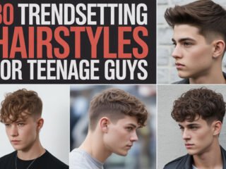 Collage of four stylish teenage boys with modern haircuts, framed around a bold red and white title that reads 