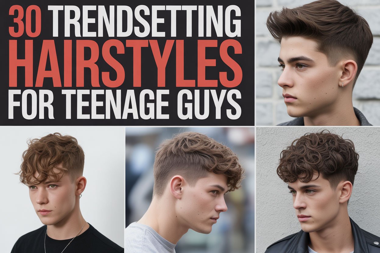 Collage of four stylish teenage boys with modern haircuts, framed around a bold red and white title that reads "30 Trendsetting Hairstyles for Teenage Guys."