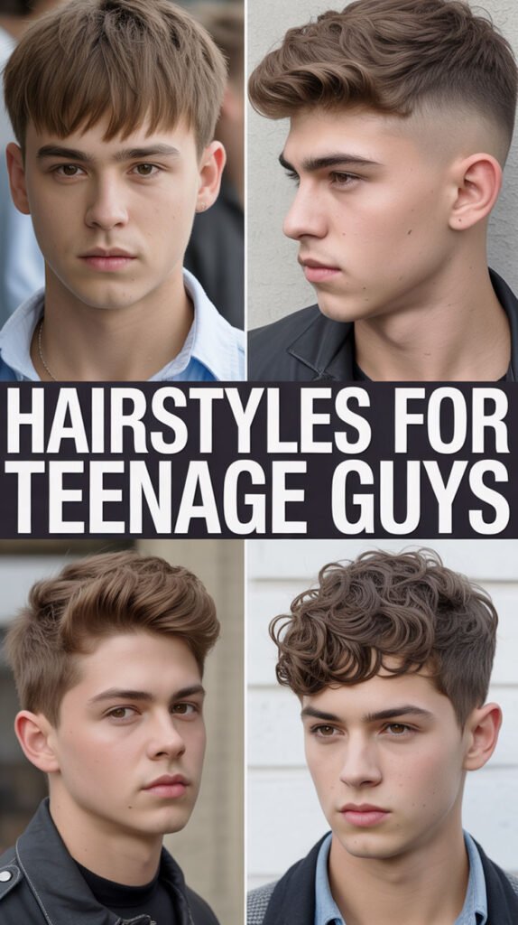 Collage of four stylish teenage boys showcasing different trendy hairstyles with bold title "Hairstyles for Teenage Guys" in the center.