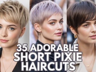 Collage of three women with stylish short pixie haircuts in blonde, lavender, and dark brown shades, with bold title text 