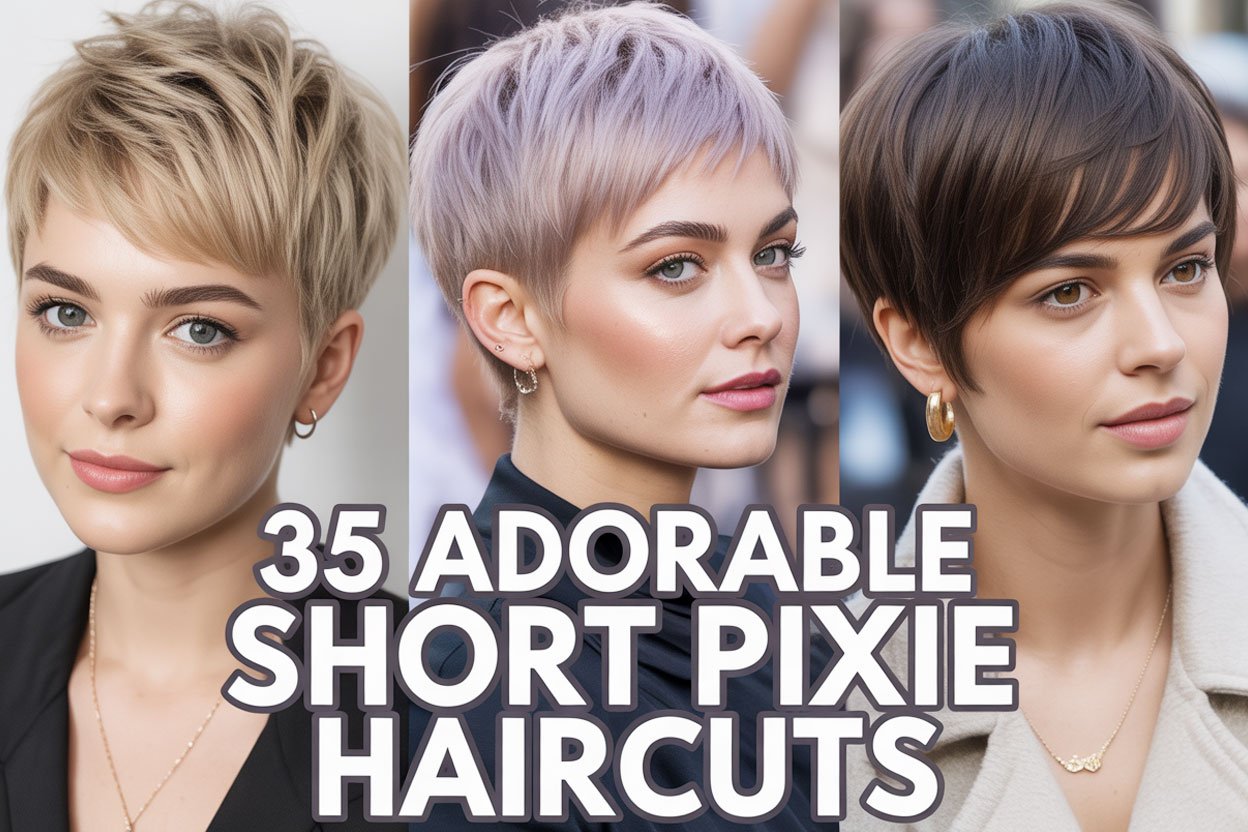 Collage of three women with stylish short pixie haircuts in blonde, lavender, and dark brown shades, with bold title text "35 Adorable Short Pixie Haircuts" at the bottom.