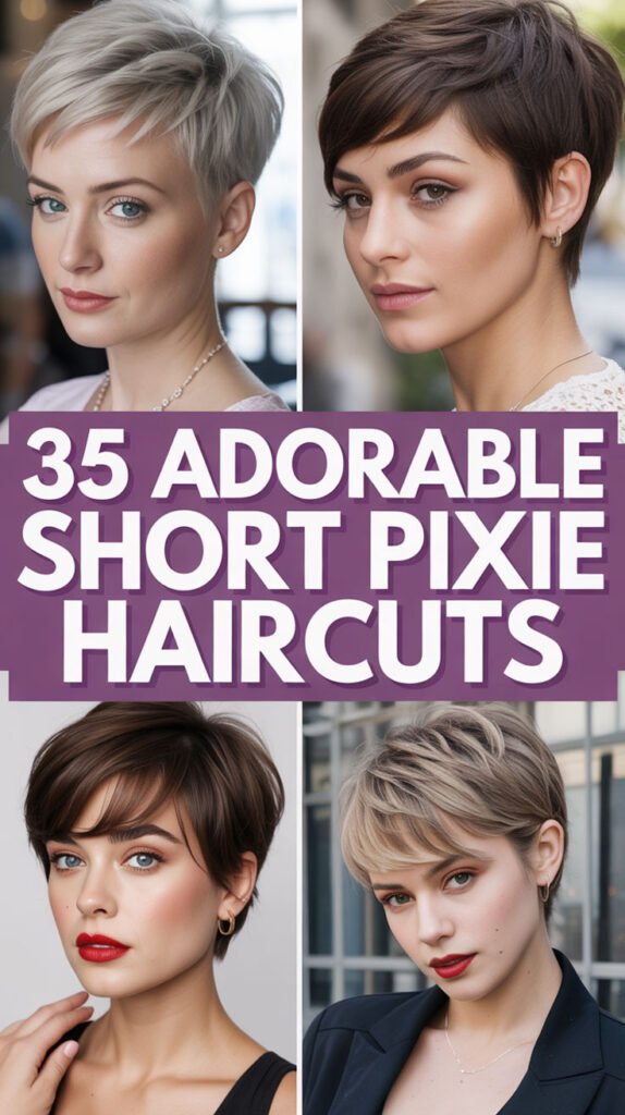 Collage of four women with stylish short pixie haircuts and a bold title reading &ldquo;35 Adorable Short Pixie Haircuts&rdquo; in white text on a purple banner.