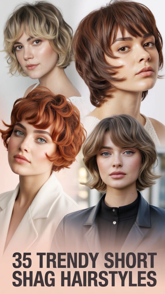 Vertical collage of four women with trendy short shag hairstyles in blonde, auburn, red, and ash brown tones, with bold text reading &ldquo;35 Trendy Short Shag Hairstyles&rdquo; at the bottom.