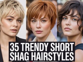 Collage of three women with trendy short shag hairstyles in blonde, copper red, and dark brown shades, with a bold title reading &ldquo;35 Trendy Short Shag Hairstyles.&rdquo;