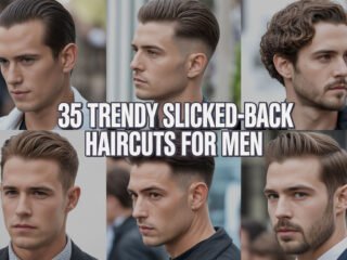 Collage of men with trendy slicked-back haircuts, showcasing various modern styles for men&rsquo;s grooming.