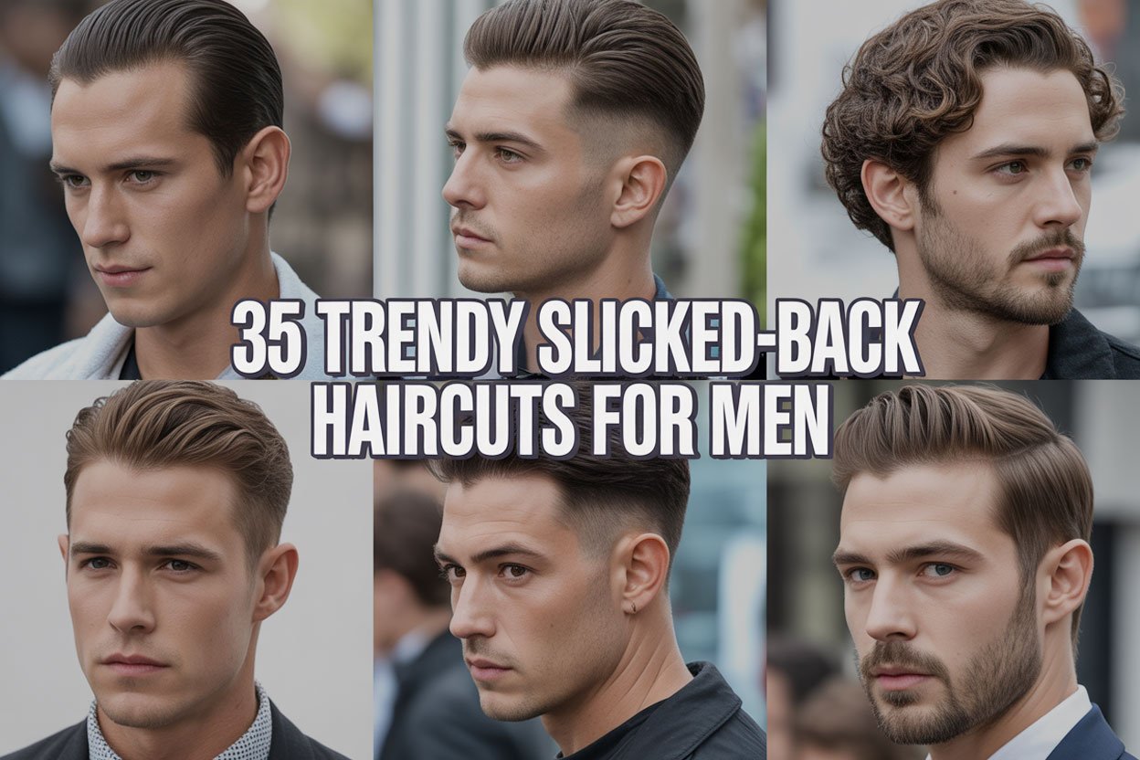 Collage of men with trendy slicked-back haircuts, showcasing various modern styles for men&rsquo;s grooming.