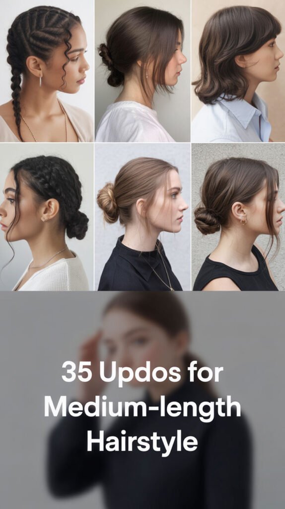 Collage of six women with medium-length hair styled in various elegant updos, followed by a blurred photo with bold white text reading &ldquo;35 Updos for Medium-length Hairstyle