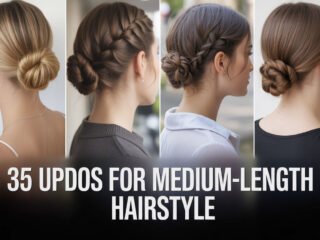 Four women shown from the back and side, each with a neatly styled medium-length updo, including braided buns, rope twists, and smooth low chignons.