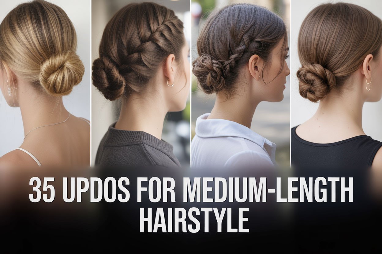 Four women shown from the back and side, each with a neatly styled medium-length updo, including braided buns, rope twists, and smooth low chignons.