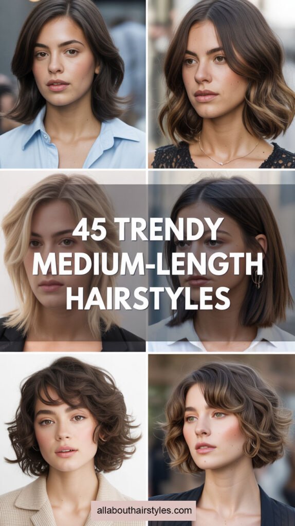 A vertical collage of six women with stylish medium-length hair, with bold white text in the center saying "45 Trendy Medium-Length Hairstyles" and the website name at the bottom.