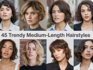 Collage of 8 diverse women showcasing trendy medium-length hairstyles, including wavy bobs, layered cuts, and soft curls, with a centered title overlay reading 