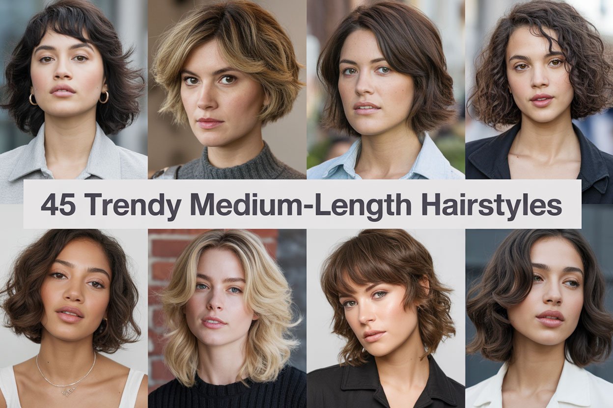 Collage of 8 diverse women showcasing trendy medium-length hairstyles, including wavy bobs, layered cuts, and soft curls, with a centered title overlay reading "45 Trendy Medium-Length Hairstyles" in a clean sans-serif font.