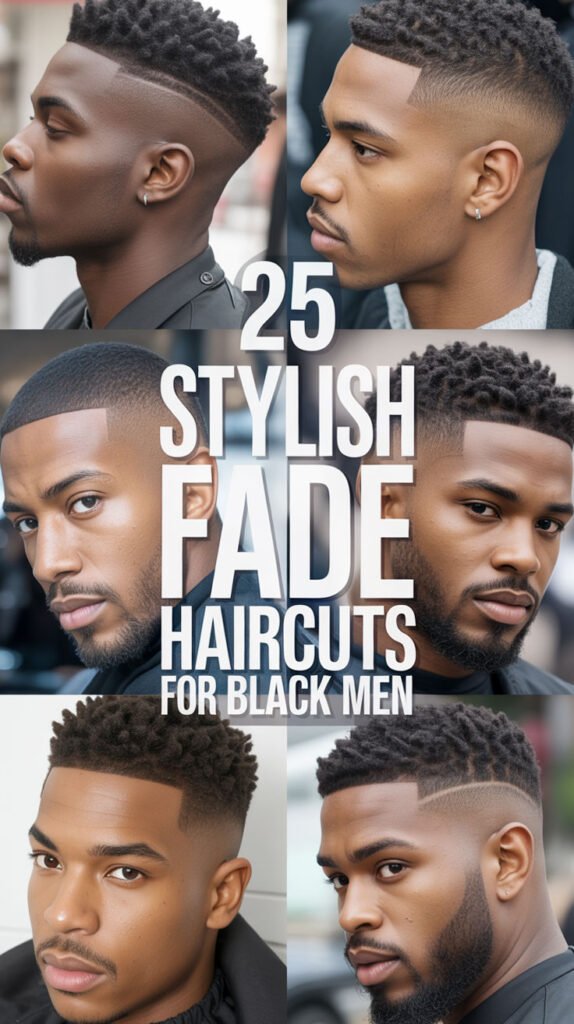 Collage of Black men with various stylish fade haircuts, including low fades, high top fades, and burst fades