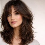 Medium shag haircut with textured layers and curtain bangs close-up portrait