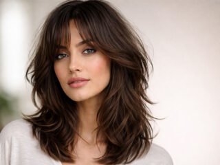 Medium shag haircut with textured layers and curtain bangs close-up portrait