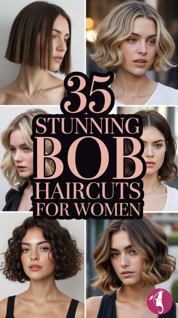 Collage of women with various stylish bob haircuts, featuring blunt, angled, wavy, and asymmetrical styles