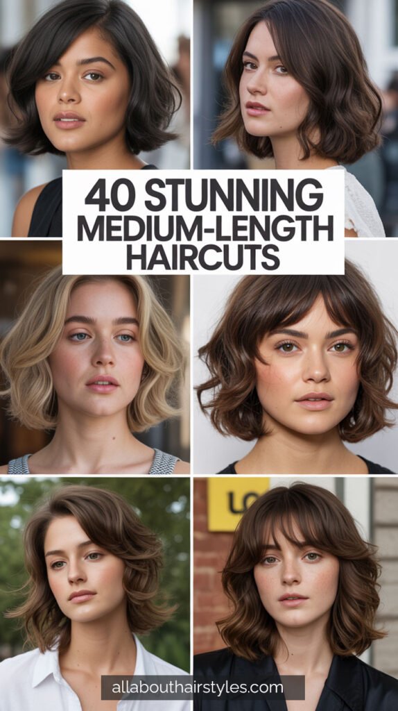 Collage of six women showcasing medium-length haircuts, with a bold overlay title reading "40 Stunning Medium-Length Haircuts.