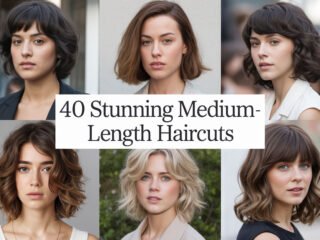 Elegant collage of six women with various medium-length haircuts, featuring a centered overlay reading 