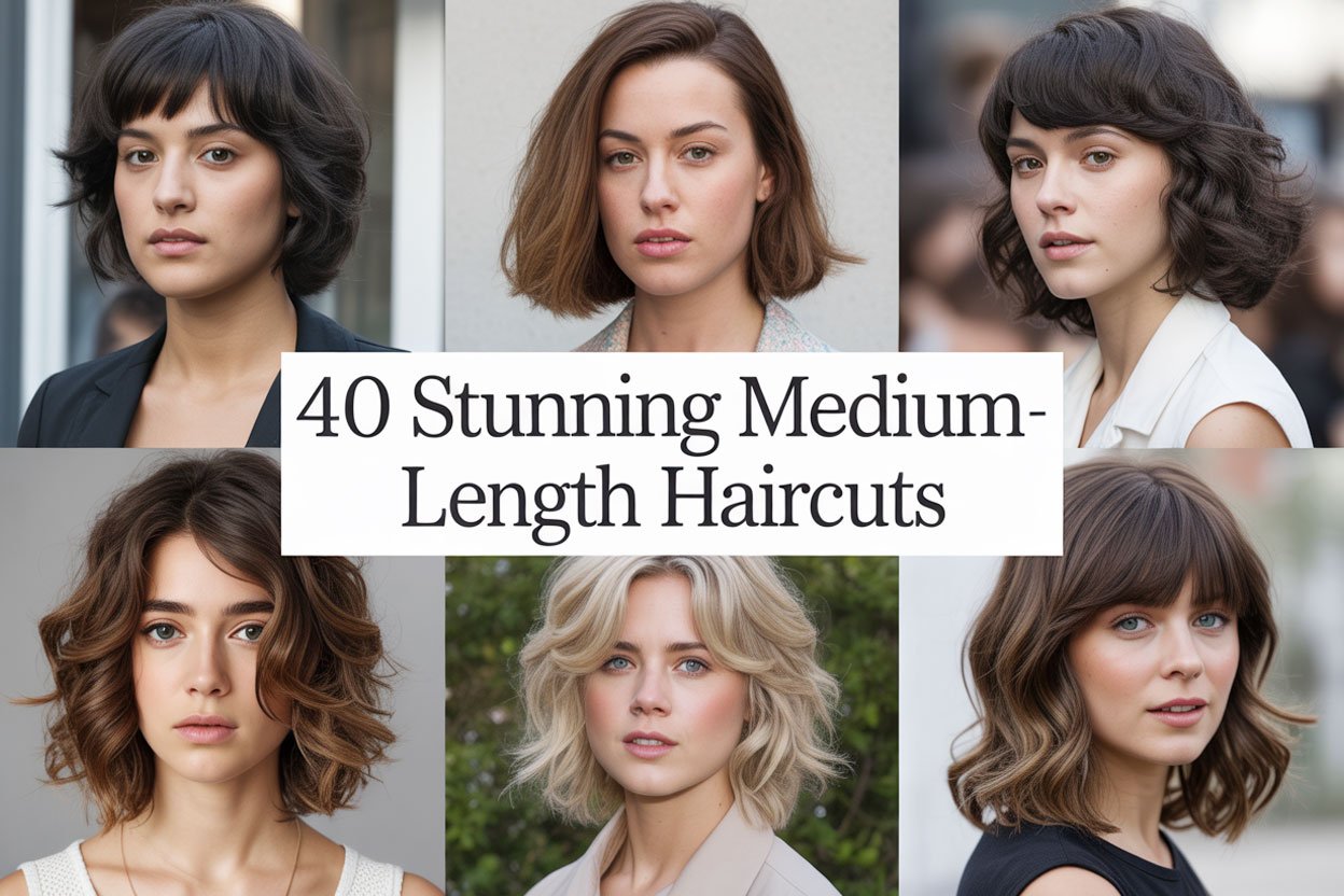 Elegant collage of six women with various medium-length haircuts, featuring a centered overlay reading "40 Stunning Medium-Length Haircuts.
