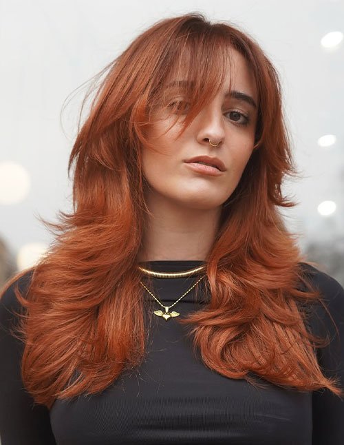 copper layered Korean wolf cut with curtain fringe