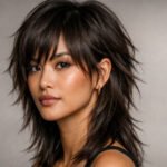 Korean-inspired wolf cut with layered shag texture and curtain bangs in studio portrait