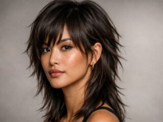 Korean-inspired wolf cut with layered shag texture and curtain bangs in studio portrait