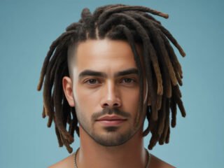 A realistic portrait of a man with medium-length dreadlocks, a clean fade on the sides, neatly shaped eyebrows, and light facial hair, standing against a solid light blue background.