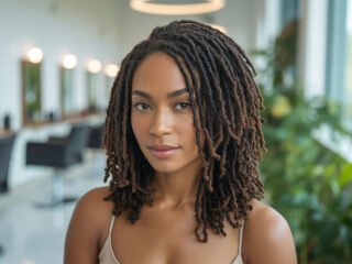 Woman with medium-length locs in a modern salon, looking confidently at the camera.