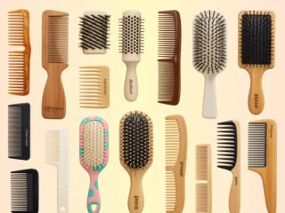 A flat lay image showing various types of hair combs and brushes arranged neatly on a light gradient background.