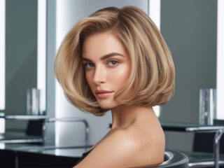 Woman with a sleek short blonde bob hairstyle sitting in a modern salon.