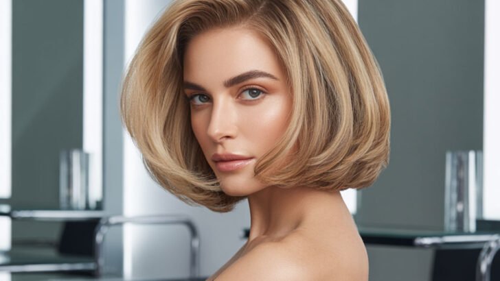Woman with a sleek short blonde bob hairstyle sitting in a modern salon.