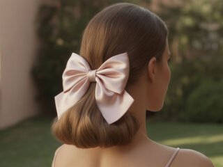 A realistic photo of a woman with smooth brown hair styled in a chic bow, captured from the back in soft natural light.