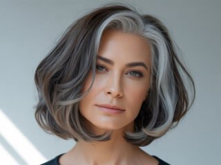 A close-up portrait of a woman with chic salt and pepper hair styled in a modern bob. Her confident expression and soft lighting highlight the elegant blend of gray and dark tones.