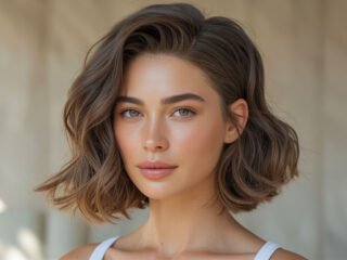 A realistic portrait of a woman with a short wavy bob haircut, glowing skin, and light makeup, standing in soft natural lighting with a neutral background.