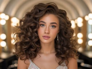 A glamorous young woman with voluminous curly brown hair styled for prom, wearing elegant makeup and a sparkly dress in a softly lit dressing room.