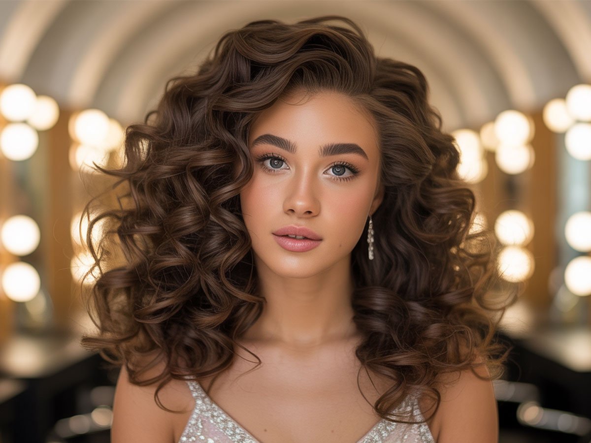 A glamorous young woman with voluminous curly brown hair styled for prom, wearing elegant makeup and a sparkly dress in a softly lit dressing room.