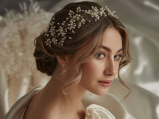 A close-up portrait of a bride wearing an elegant pearl and crystal hair accessory with a soft, romantic hairstyle. The satin background and gentle lighting enhance the bridal look, highlighting her graceful and timeless beauty.