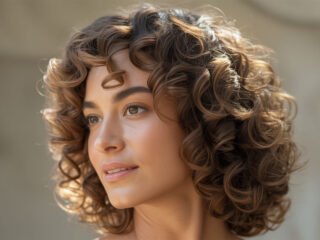 A realistic portrait of a woman with short, bouncy brown curls, glowing skin, and soft natural lighting in the background.