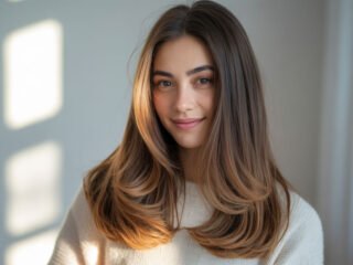 A woman with long, smooth, layered brown hair and soft highlights smiles gently while wearing a light sweater. Natural light filters through a window behind her, creating a calm and warm atmosphere.
